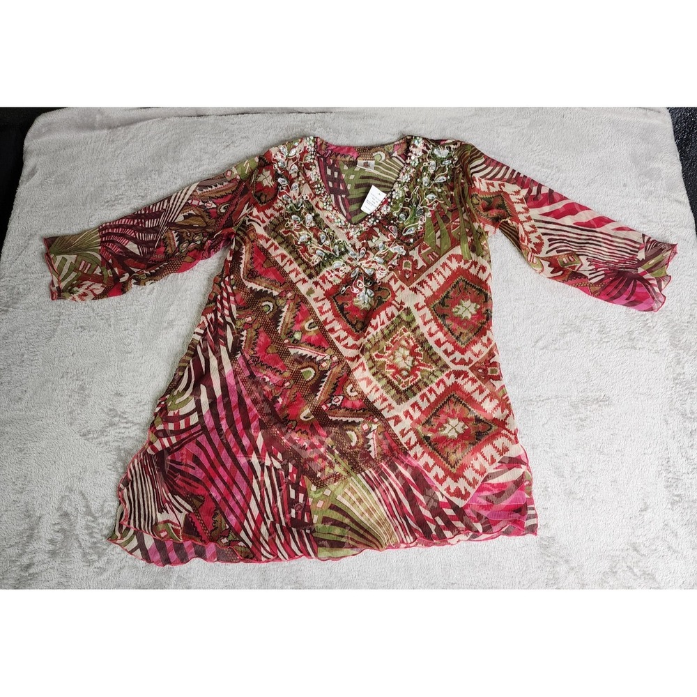 Multi-Color Beaded Viscose Semi-Sheer Peasant Blouse Size S/M Paisley Sequin - Picture 5 of 11